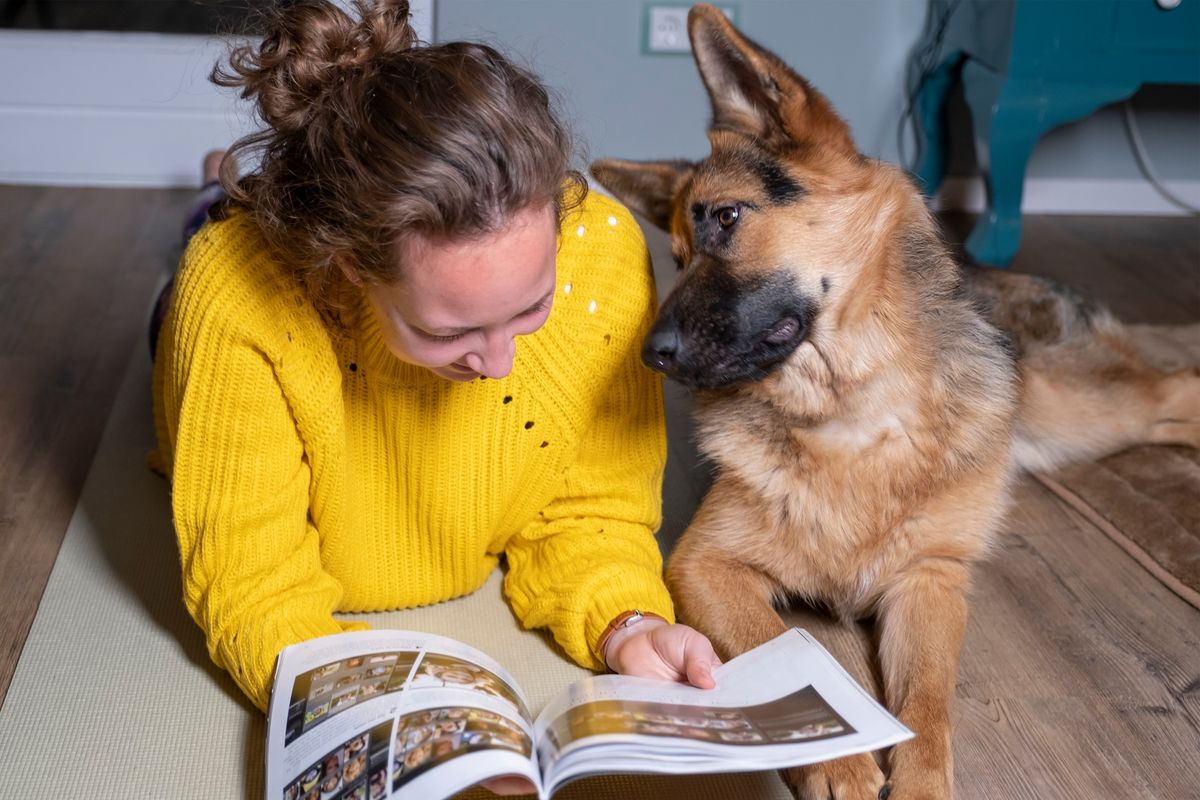Young woman reading, with her German shepherd on the floor relaxing in room