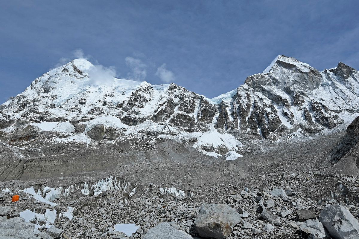 The Khumbu glacier is pictured at the Everest base camp in the Mount Everest region of Solukhumbu district on May 3, 2021. (Photo by Prakash MATHEMA / AFP)
