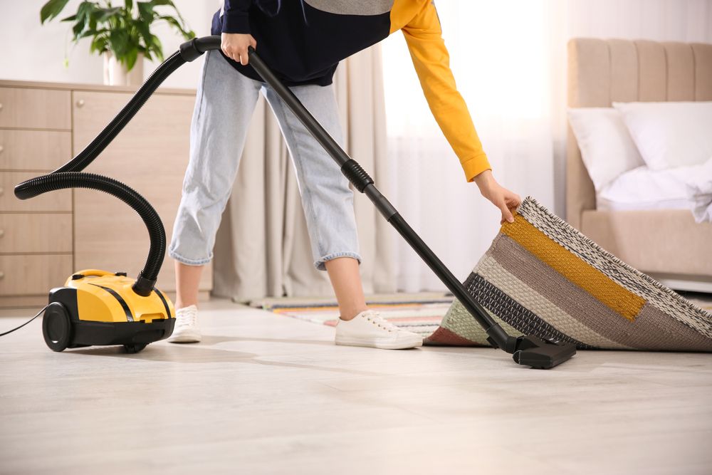 Young,Woman,Using,Vacuum,Cleaner,At,Home,,Closeup