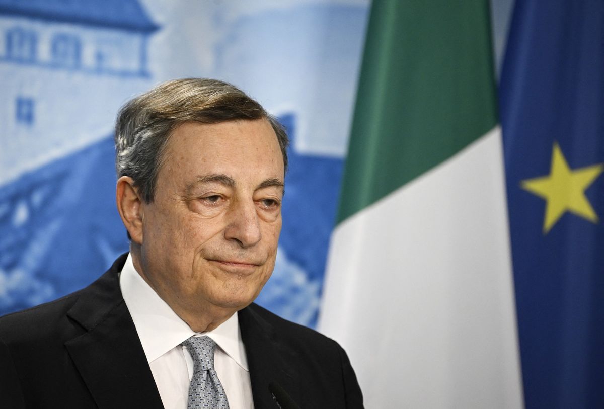 Italy's Prime Minister Mario Draghi holds a press conference on June 28, 2022 at Elmau Castle, southern Germany, at the end of the G7 Summit. (Photo by Tobias SCHWARZ / AFP)