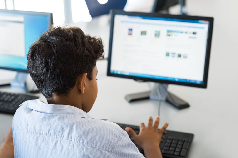 Rear,View,Of,Multiethnic,Boy,Using,Desktop,Computer,In,School
