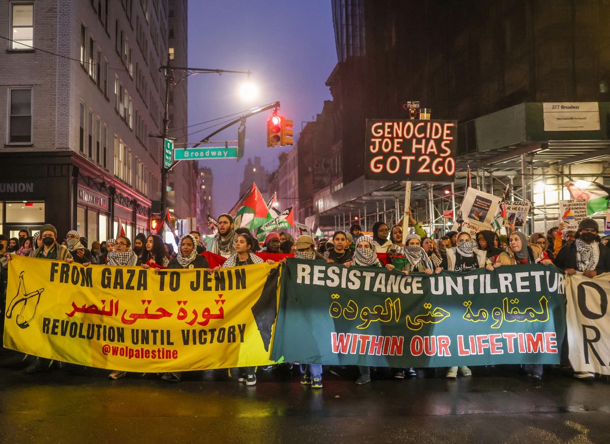 Pro-Palestinian protesters swarm Zuccotti Park, World Trade Center and Wall Street in New York City