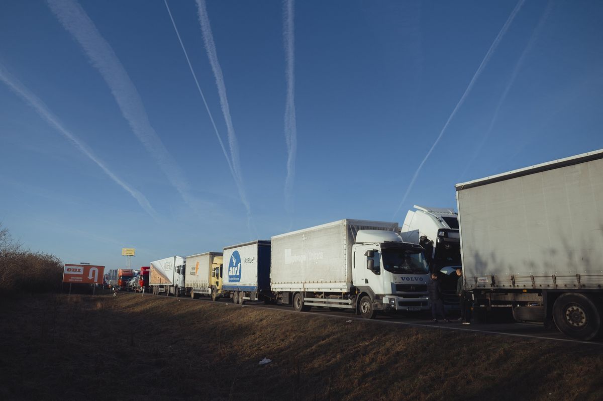 Ukrainian truckers line up to cross the borders between Slovakia and Ukraine