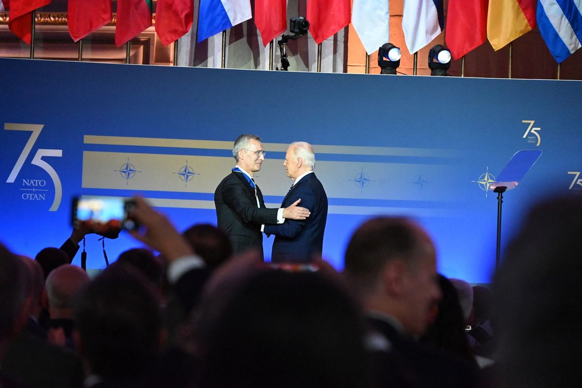 Secretary General Of Nato Jens Stoltenberg Presented With Presidential Medal Of Freedom At NATO 75th Anniversary Celebration