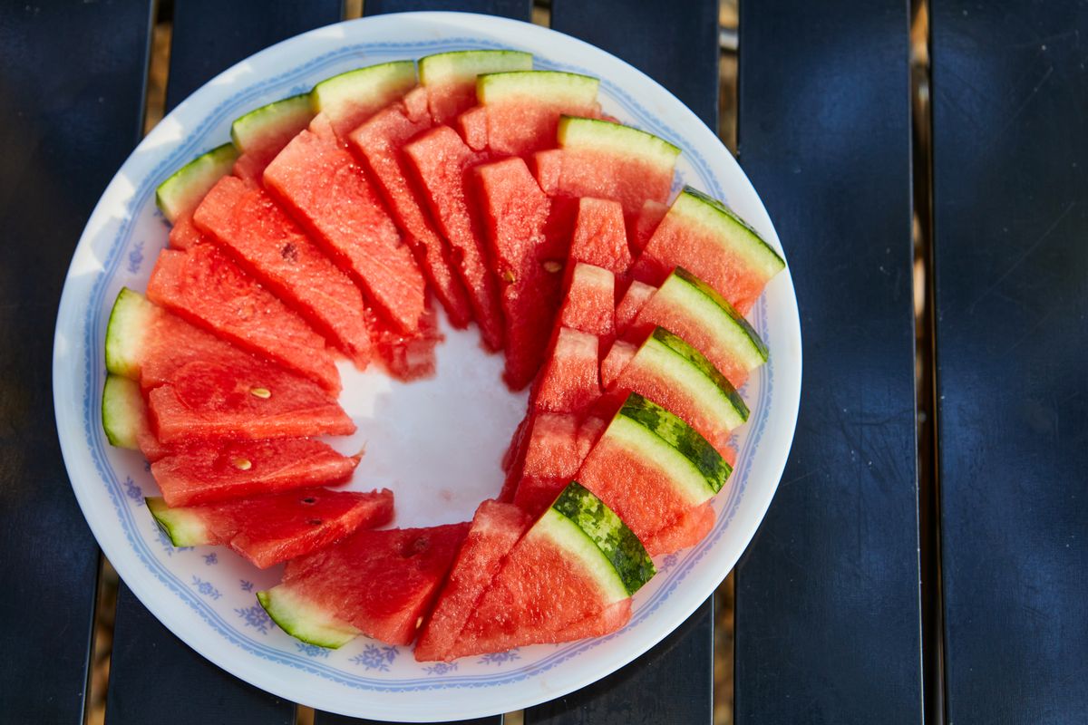 Directly above shot of watermelon slices in plate on table