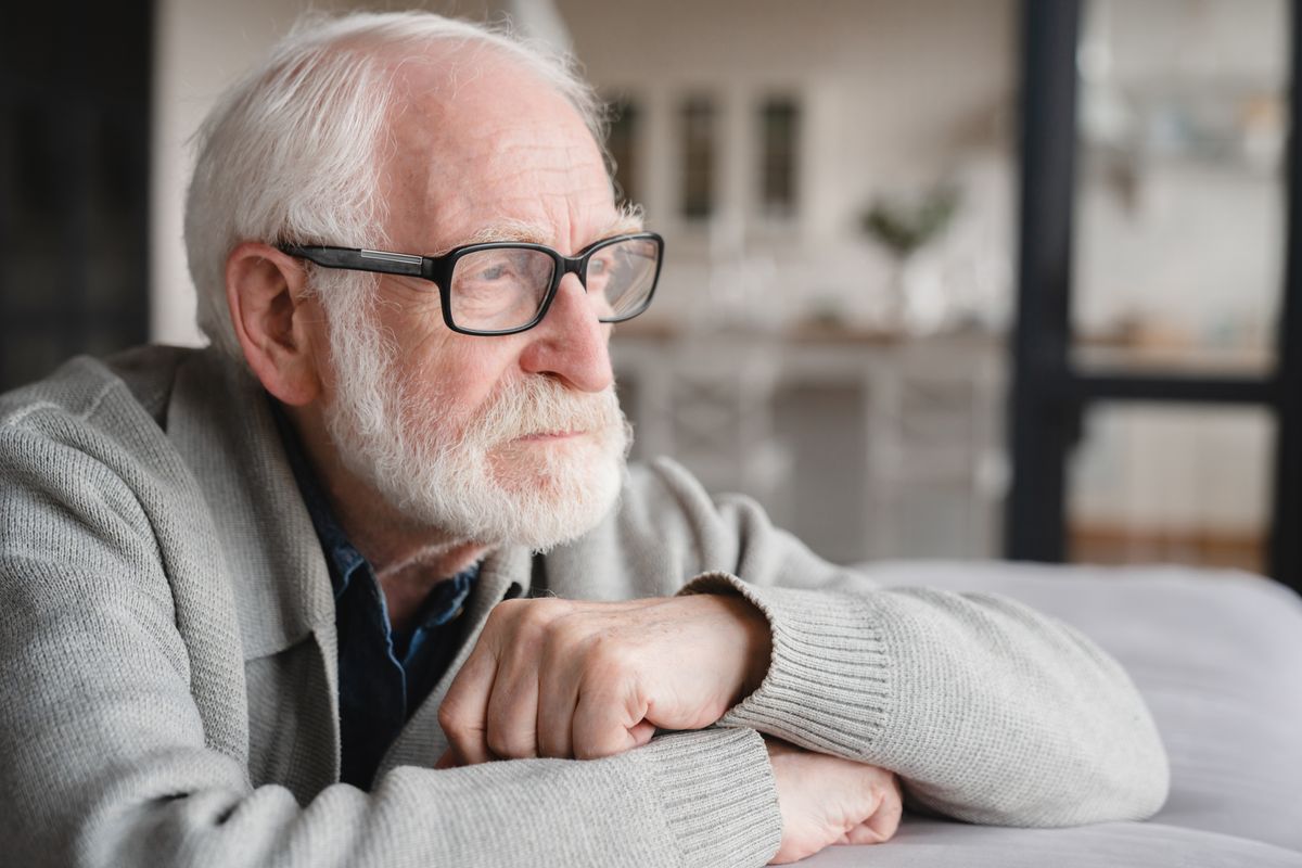 Lonely,Missing,Old,People,,Senior,Man,Elderly,Grandfather,Sitting,On